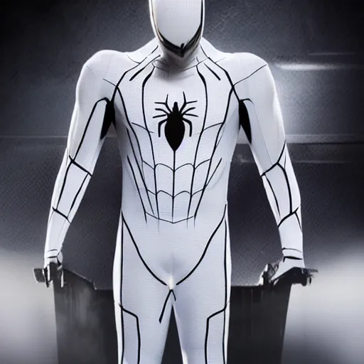 Image similar to white spider - man suit with black web lining, cinematic, volumetric lighting, realistic, hyperdetailed, photorealistic, photograph