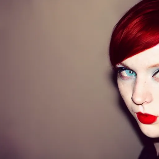 Image similar to photograph, closeup portrait of a young pale woman with short red hair in a dark room, blue eyes, wearing a black tshirt, flash photography, indoor setting, high contrast, sharp, photographed by terry richardson, trending on tumblr,