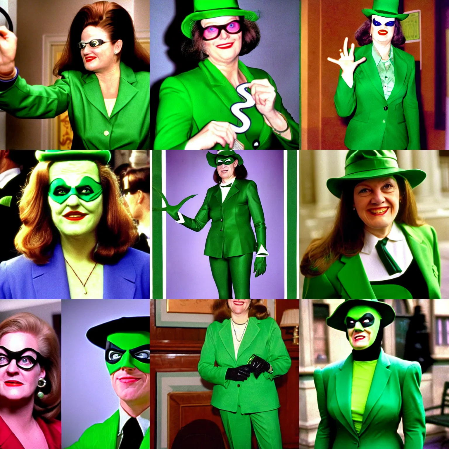 Prompt: congresswoman marjorie taylor greene as the riddler, green suit with question marks, batman forever 1 9 9 5