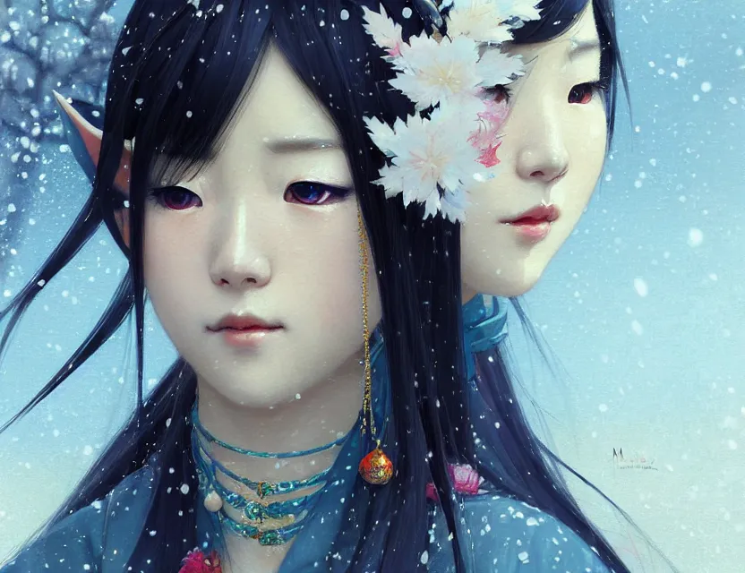 Image similar to a beautiful shibuya 1 0 9 female elf with haori and kimono decollete and jewelry | | snowy, realistic shaded, unpleasant face, channel, fasion, fine details, realistic shaded lighting poster by makoto shinkai, jeremy lipkin, michael garmash, magali villeneuve, artgerm, jeremy lipkin and michael garmash