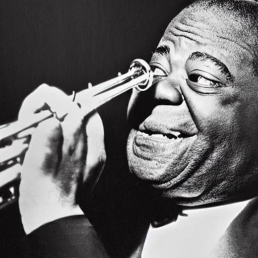 Image similar to louis armstrong holding a big hairy spider to his lips like a trumpet