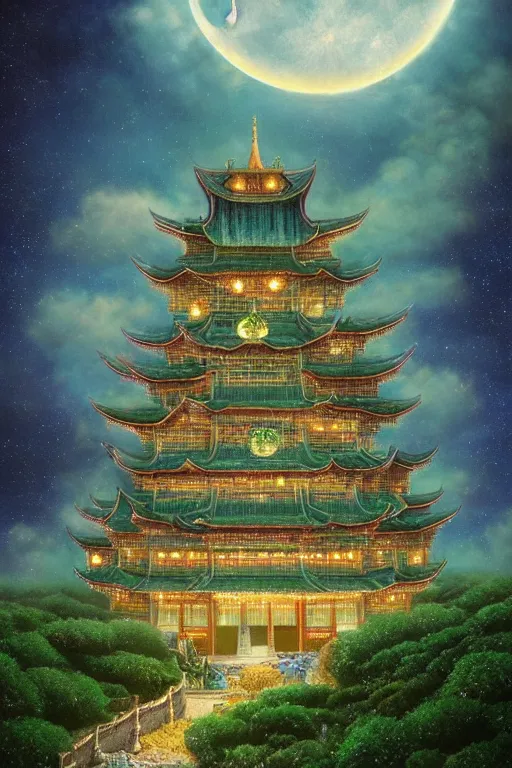 Prompt: moon palace, palace, made of crystals, dream, cloud, tintal effect, super detail, 8 k, volume light, ultragreen, chinese traditional color tone, by hayao miyazaki and lee madgwick, trending on artstation