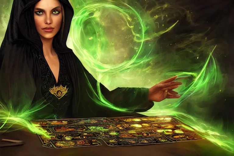 Image similar to a beautiful sorceress wearing a black robe with gold embroidery, sitting at table, casting a spell, green glows, painted by sharandula and artgerm, in the style of magic the gathering, highly detailed digital art