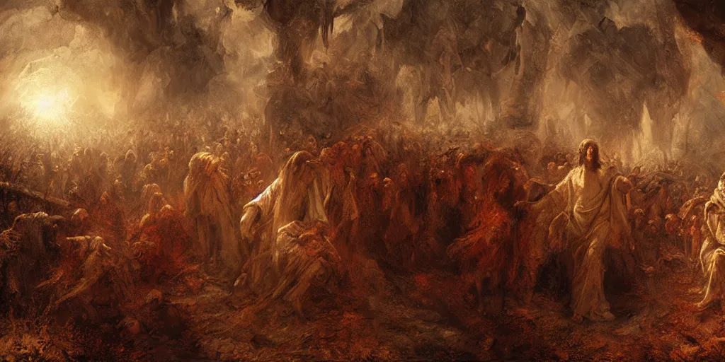 Image similar to Jesus Christ, walking through hell, a fantasy digital Painting, by ADOLPH VON MENZEL