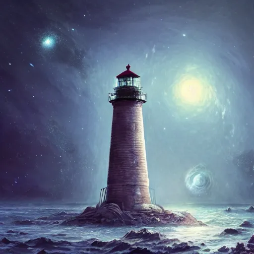 Image similar to the lighthouse in the middle of the galaxy , wide angle shot, diffuse lighting, fantasy, intricate, elegant, highly detailed, lifelike, photorealistic, digital painting, illustration, concept art, smooth, sharp focus, A24!film cinematography