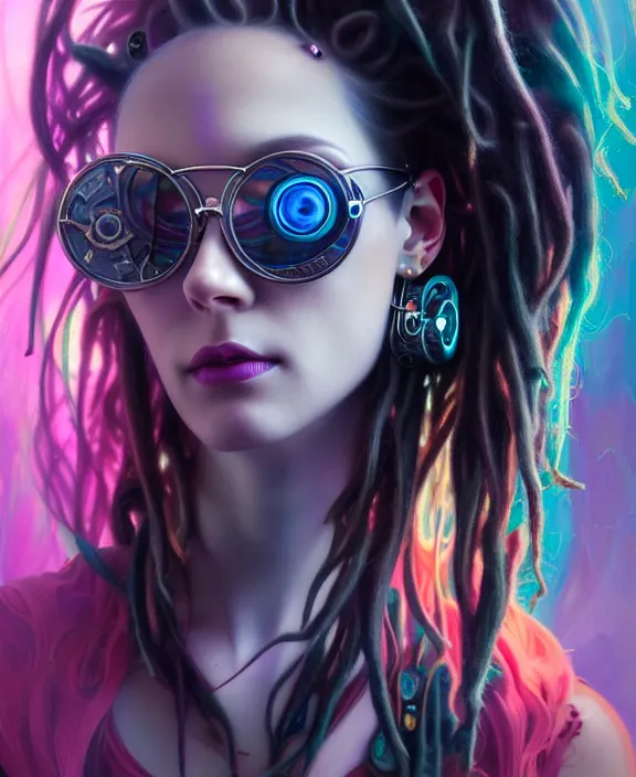 Prompt: a whirlwind of souls rushing inside the metaverse, hologram, half body, piercing, dreads, sunglasses, jewelry, android, cyborg, cyberpunk face, by loish, d & d, fantasy, intricate, elegant, highly detailed, colorful, digital painting, artstation, concept art, art by artgerm and greg rutkowski and alphonse mucha