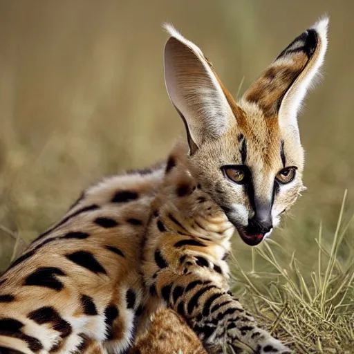 Prompt: photo of a serval with a torso that is extremely long and thin and twisted into a coil like a boa - constrictor. it is in a savanna. its tongue is a long forked snake - tongue. award - winning nature photography ; high - resolution.