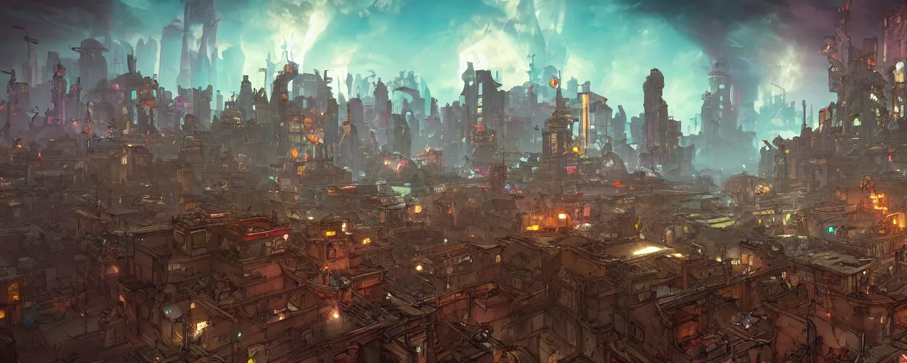 Prompt: a city from borderlands 3, stunning intricate concept art by senior environment artist, cgsociety, fantasy art, matte painting, storybook illustration
