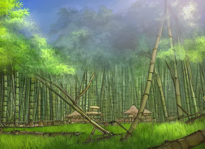 Image similar to deep in a japanese bamboo forest, ancient ruined temple in distance, sunny, cartoony, sketched, mid day, realistic lighting, by ghibli studio, arcane, wild rift, trending on artstation, 4 k, hd