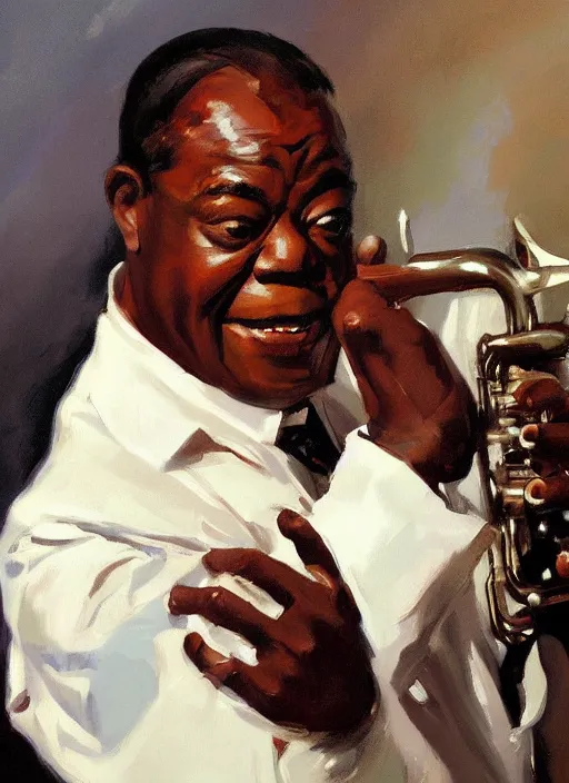 Image similar to a portrait of louis armstrong holding a white handkerchief, by greg manchess and john singer sargent and jonathan yeo, dramatic lighting, highly detailed digital painting