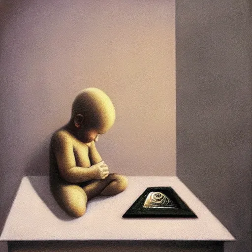 Prompt: a hyperrealistic painting of a child playing with a ouija board by Gertrude Abercrombie,