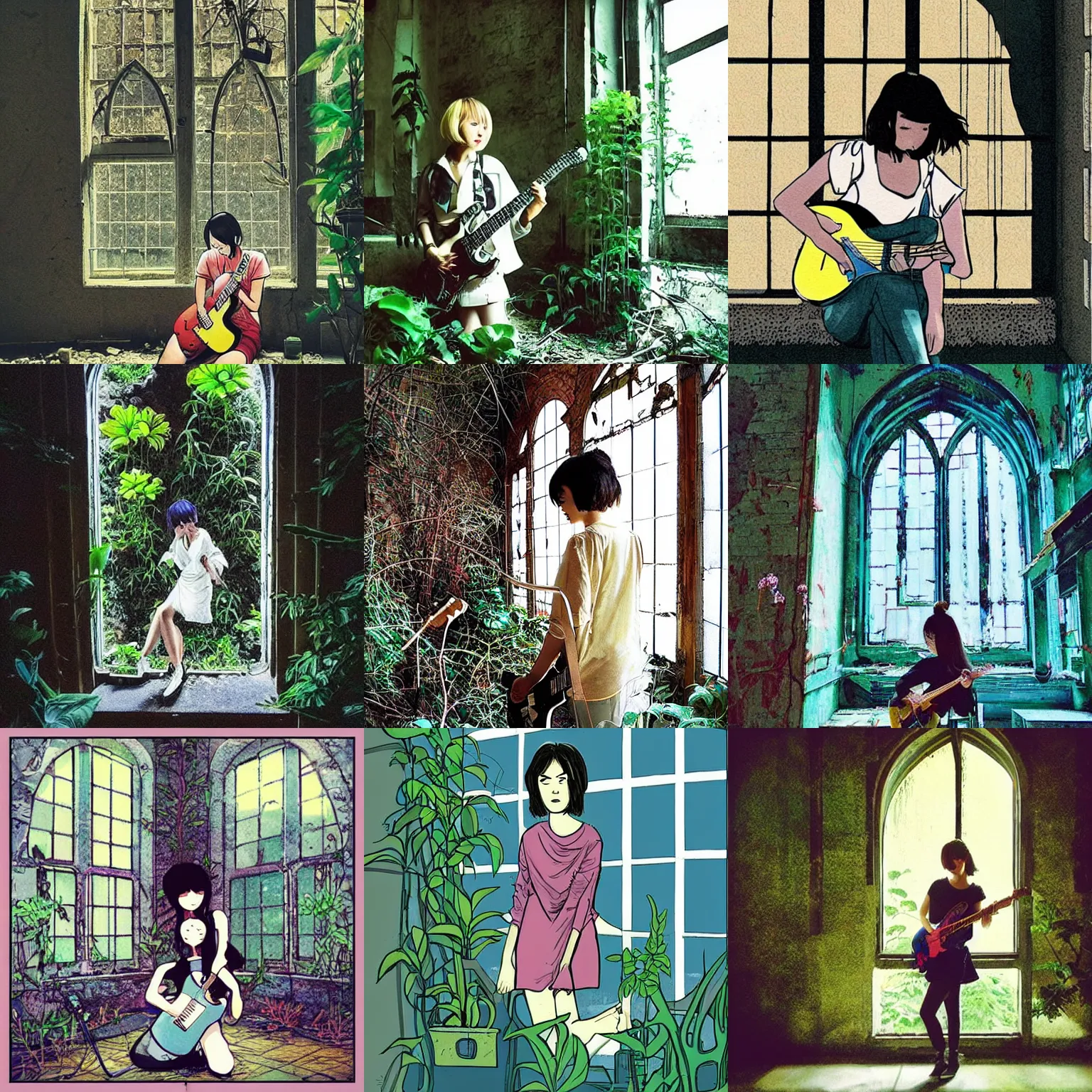 Prompt: “ a beautiful comic key of a short hair girl playing electric guitar in an abandoned chapel with wildly growing plants, sunlight through the broken window, by ai yazawa ”