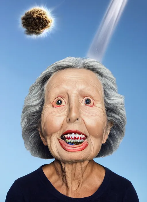 Prompt: a hyper realistic ultra realistic photograph of the 1000 foot tall grandma, highly detailed, 8k photo, exploding blue teeth