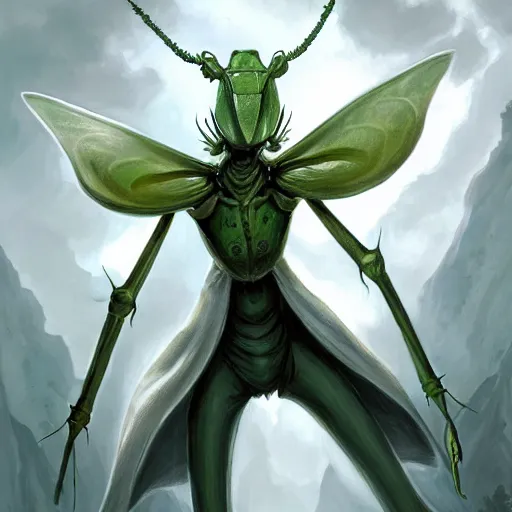 Prompt: full shot of green human - sized mantis religiosa as a d & d assassin wearing white cape ; 6 legs ; hestiastula head with antennae ; mantid features, magic dagger ; medieval ; elegant ; design ; fantasy drawing ; illustration ; artstation ; 8 k ; wallpapers ; heavy contrast ; cinematic art ; cgsociety ; art by greg rutkowski and thomas