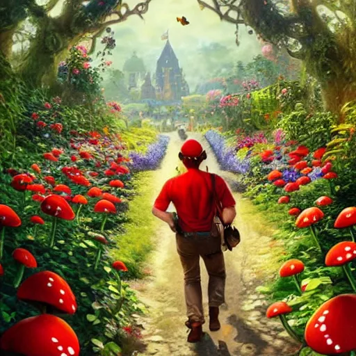 Image similar to portrait of Mario, walking through a garden of exotic flowers in the Mushroom Kingdom, giant red and white spotted mushrooms, and roses, from behind, Castle in distance, birds in the sky, sunlight and rays of light shining through trees, beautiful, solarpunk!!!, highly detailed, digital painting by Michael Garmash and Peter Mohrbacher