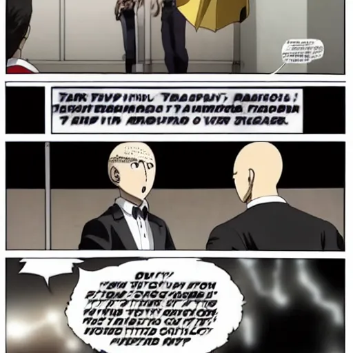 Image similar to one punch man scene of saul goodman defending saitama in court