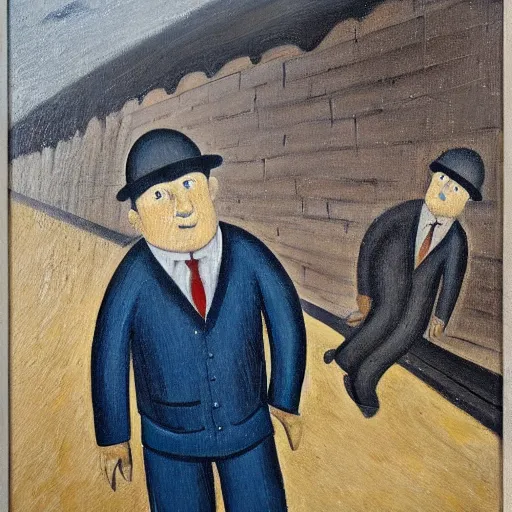 Prompt: painting of david cameron working in the coal mines, painted by laurence stephen lowry, oil on canvas, national gallery