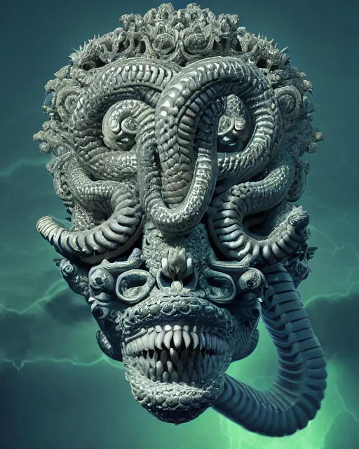 Image similar to 3 d ornate carved medusa with profile portrait, sigma 5 0 0 mm f / 5. beautiful intricate highly detailed quetzalcoatl skull. bioluminescent, plasma, lava, ice, water, wind, creature, thunderstorm! artwork by tooth wu and wlop and beeple and greg rutkowski, 8 k trending on artstation