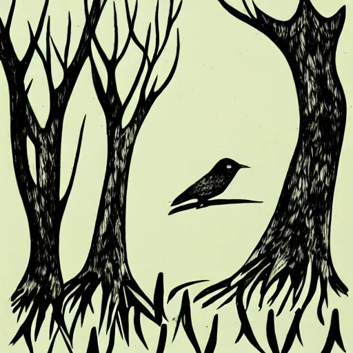 Image similar to zen, forest, birds, ink