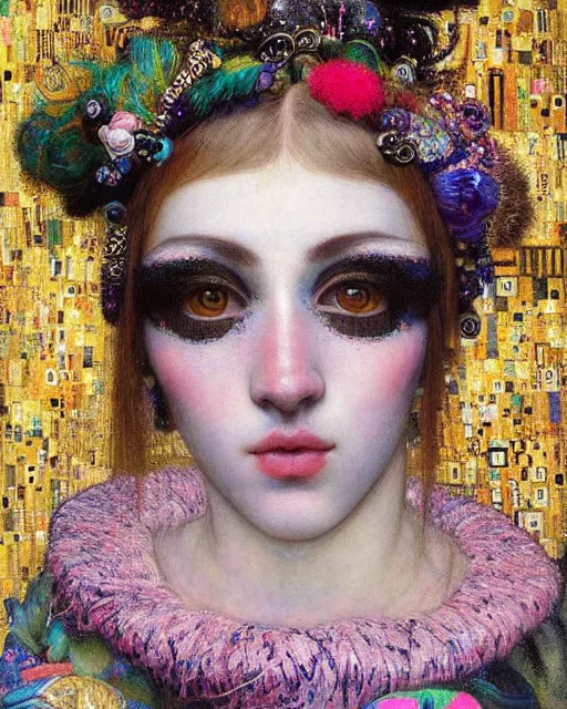 Image similar to a close up of beautiful decora cybergoth emo girl wearing a balaclava surrounded by colourful intricate patterns, by gustave klimt edgar maxence and caravaggio and michael whelan, intricate painting, hyper realistic, extremely detailed and beautiful aesthetic face, inside maximalist baroque vaporwave royalty frames