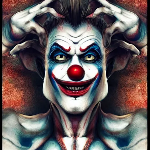 Image similar to 4K headshot of godlike clown with defined arms and open hands and bloody clothes with giant mandala wings , intricate clown face make-up , flawless anime cel animation by Kentaro Miura, psychedelic , highly detailed upper body , professionally post-processed , beautiful, scary, symmetry accurate features, epic, octane rendered, anime masterpiece, accurate