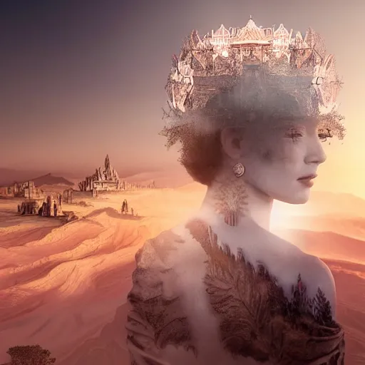 Image similar to double exposure portrait of a beautiful short dark haired feminine queen looking away, over the desertic city of a thousand temples, by leonard de vinci, digital art