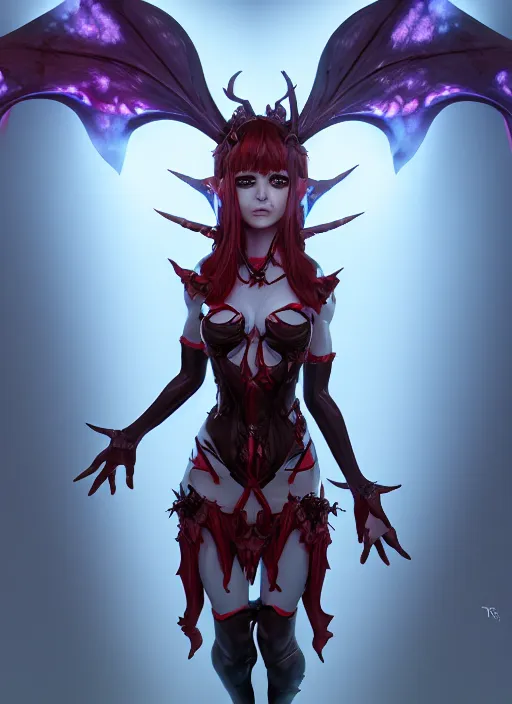 Image similar to imp demon goddess, cute elf ears, strapless dress, character portrait in the style of thomas river and artgerm, cinematic lighting, hyperdetailed, 8 k realistic, symmetrical, global illumination, radiant light,, frostbite 3 engine, cryengine, dof, trending on artstation, digital art, chanel