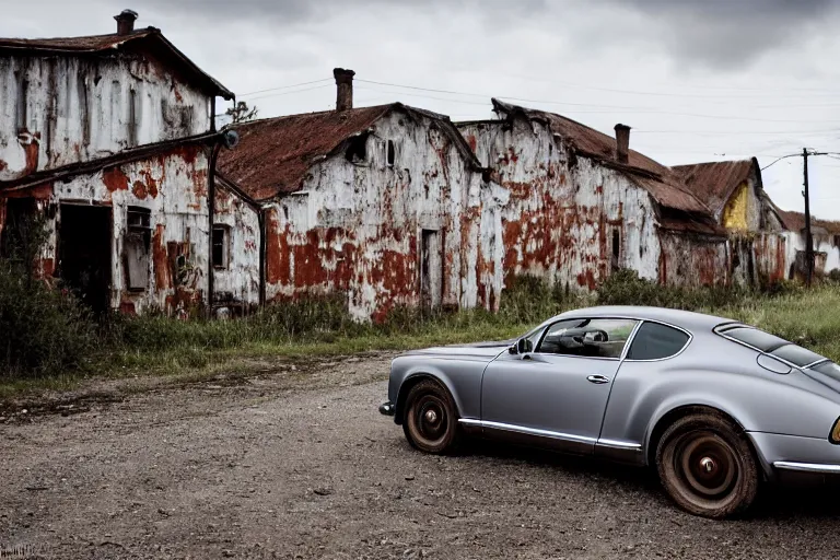 Prompt: rusty Bentley Continental GT drives along the road of an old Russian village with houses at the edges