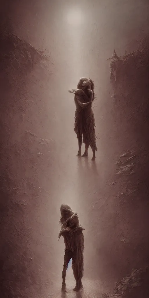 Prompt: death child and women hugging, in the style of keith thompson and zdzislaw beksinski, artstation hd, 8 k, surrealistic digital artwork, post apocalyptic street