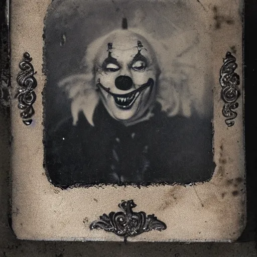 Prompt: old photo of a killer horror clown, daguerrotype, tintype, dirty. faded. old photograph, polaroid, highres, wet plate collodion