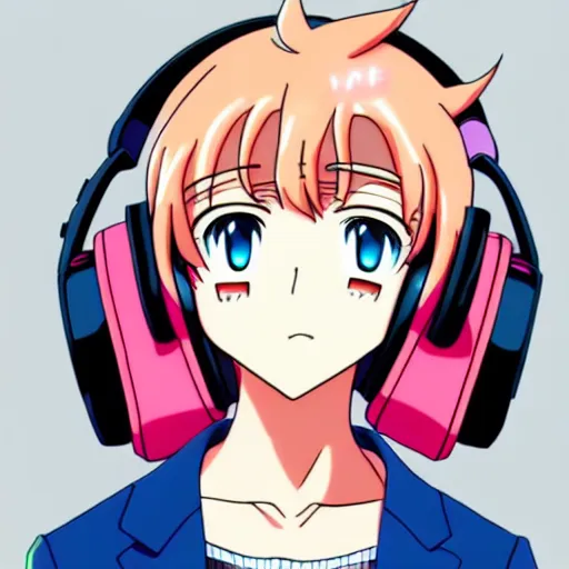 Image similar to An anime character's head wearing retro headphones. 90s anime, Sailor Moon, Neon Genesis, official art, flat cell shading, fantastic screenshot art, trending on artstation