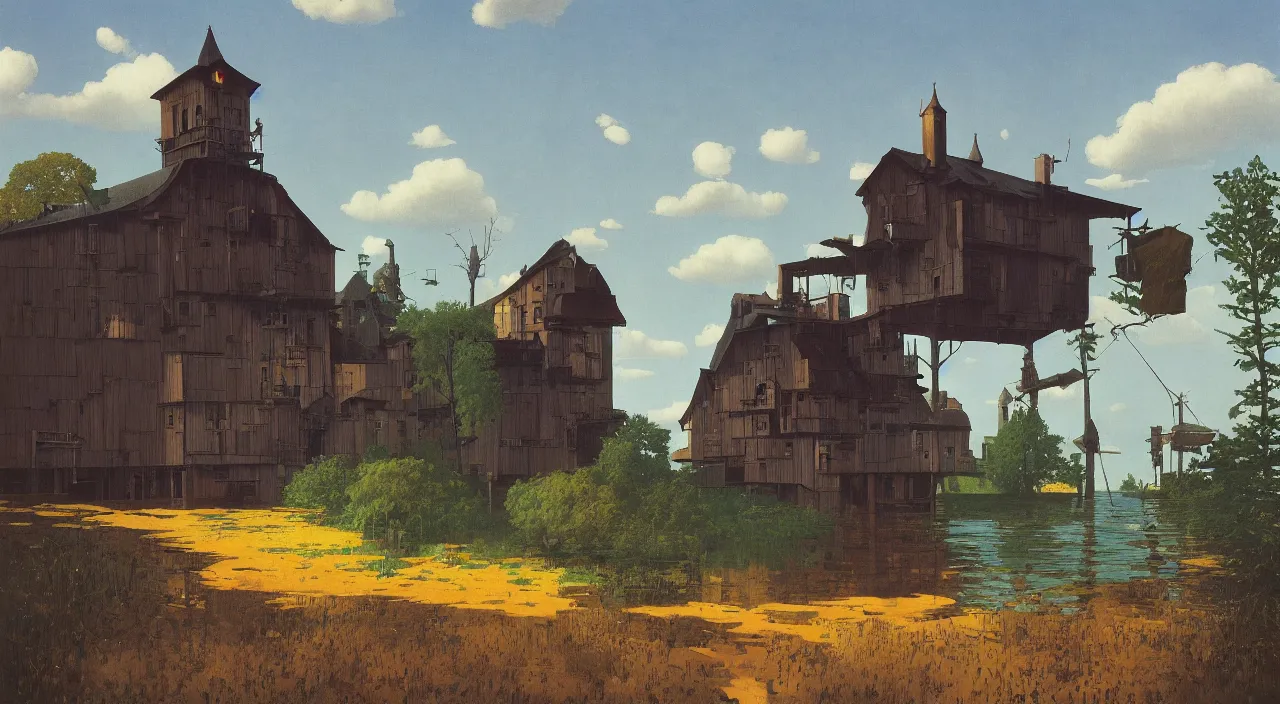 Prompt: single flooded simple bloated wooden tower, very coherent and colorful high contrast!! masterpiece by rene magritte simon stalenhag carl spitzweg syd mead norman rockwell edward hopper james gilleard, minimalist, dark shadows, sunny day, hard lighting
