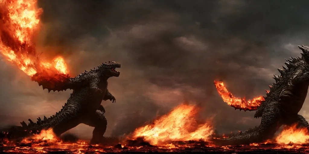 Prompt: photo of godzilla in a giant scale action movie battle, chaos and funny looking fases and body poses, debries, rubble, fire, special effects