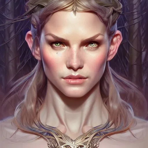 Image similar to portrait of forest gog, female, clear face, masculine, full body, muscular, fantasy, intricate, elegant, highly detailed, digital painting, artstation, concept art, matte, sharp focus, illustration, art by artgerm and greg rutkowski and alphonse mucha