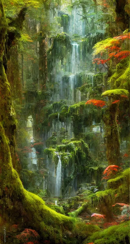 Prompt: ancient forest, moss, waterfall, intricate, vivid colors, brush strokes, elegant, highly detailed, richard schmid, john park, ruan jia, jeffrey catherine jones