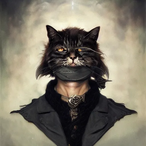 Image similar to portrait, male humanoid cat, eye patch, black fur, pirate, doctor, pirate clothes, d & d, fantasy, intricate, elegant, highly detailed, digital painting, artstation, concept art, matte, sharp focus, illustration, art by artgerm and greg rutkowski and alphonse mucha