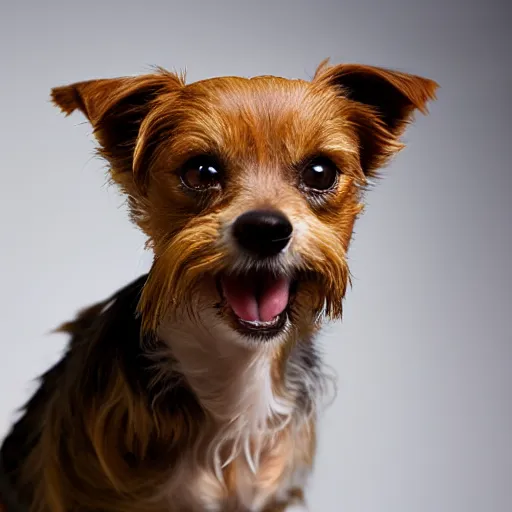 Image similar to studio portrait of a scruffy terrier-chihuahua mix with a tan face, white snout, and underbite