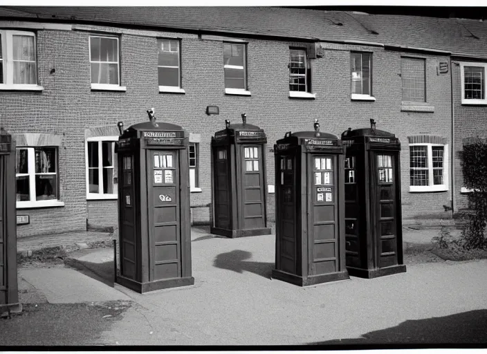 Image similar to photo of a metropolitan police box in front of houses in suburban london, police box, tardis, 1936, sepia
