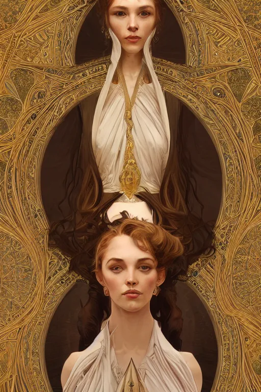 Prompt: high priestess, intricate, elegant, highly detailed, concept art, sharp focus, beautiful face!!, digital art, smooth defined outlines!!, human anatomy, human structure, by Brom, trending on Artstation, Alphonse Mucha, Tom Bagshaw, Sargent