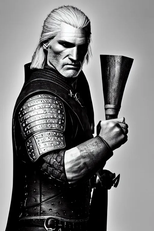 Image similar to portrait of geralt of rivia wearing a tuxedo, 5 5 mm lens, professional photograph, black and white, times magazine, serious