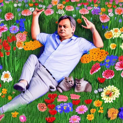 Image similar to hungarian prime minister orban viktor laying on a field of flowers, surrounded by cute kittens, highly detailed illustration, hyper realistic, 4 k