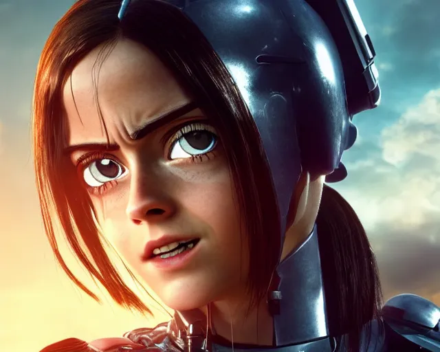 Image similar to a film still from battle angel alita played by actress emma watson, portrait, cinematic lighting, photorealistic, hyperrealistic, highly detailed, photorealistic, high resolution, 4 k