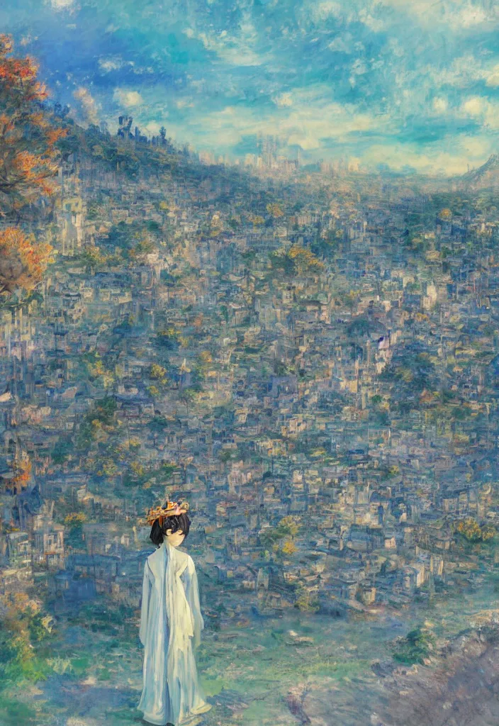 Image similar to tiny lost king wearing a majestic crown in front of a japanese city with beautiful ryokans and edo era houses. cyberpunk. beautiful blue sky. gorgeous epic nature inside the city. lofi. vivid colors, amazing light, by jeremy lipkin, by claude monet, heavily inspired by makoto shinkai, inspired by ghibli, masterpiece, multiple brush strokes, impressionist style