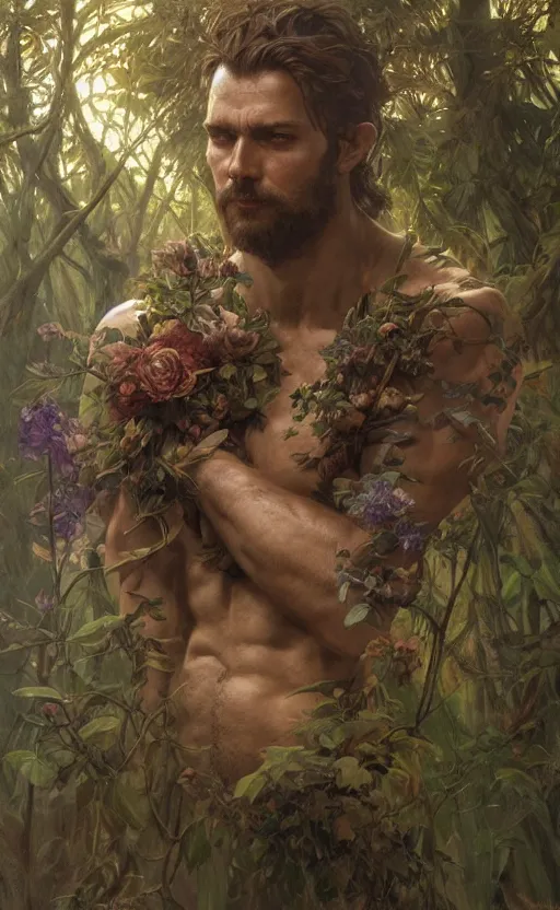 Image similar to god of the forest, rugged, handsome, male, detailed face, clean lines, atmospheric lighting, amazing, full body, thighs, flowers, muscular, intricate, highly detailed, digital painting, deviantart, concept art, sharp focus, illustration, art by greg rutkowski and alphonse mucha