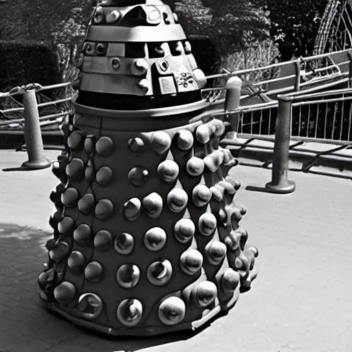 Prompt: A photo of a Dalek on a rollercoaster