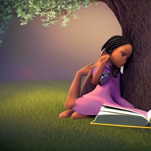 Prompt: stunning, coherent, impressive, detailed still of black little girl, reading a book, underneath a tree, follow shot, 3d, in the style of pixar, comic book style, 3d, highly detailed, sharp focus, bokeh, depth of field, 16k resolution, Unreal Engine 5, coherent, cinematic lighting, photorealistic, by Zhang Jingna