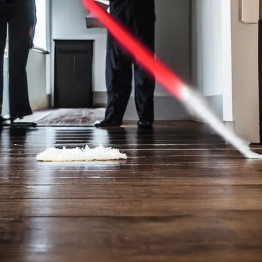 Prompt: a photo of darth vader mopping the wooden floor