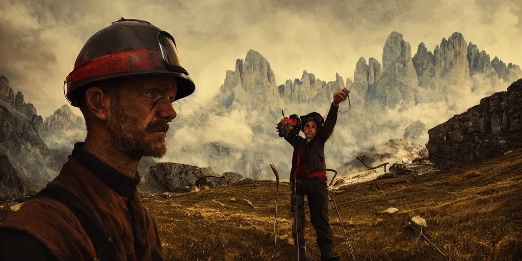 Image similar to alpine farmer burning, dolomites in background, dark, eerie, despair, portrait photography, artstation, adward winning, artstation, highly detailed, sharp focus, by caravaggio