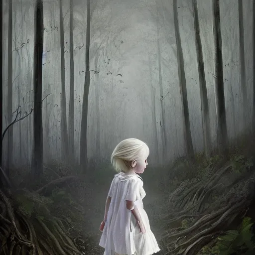 Prompt: a painting of a beautiful little girl in a white dress, white hair, bare foot, in the middle of a strange forest by Seb McKinnon