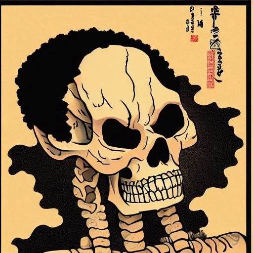 Image similar to a skeleton with an open jaw and an afro, digital art, ukiyo - e, trending on artstation,